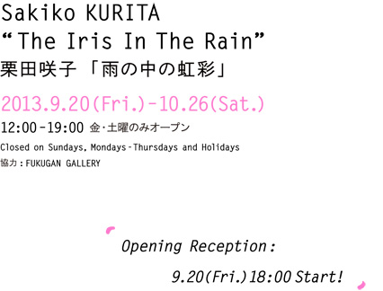 2013年9月20日（金）〜10月26日（土）12:00〜19:00 金・土曜のみオープン オープニングレセプション：9月20日（金）18 : 00〜