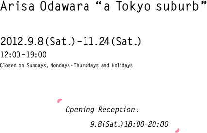 2012.9.8(Sat.)–11.24(Sat.)12:00–19:00 Closed on Sundays-Thursdays and Holidays Opening Reception:9.8(Sat.)18:00–20:00