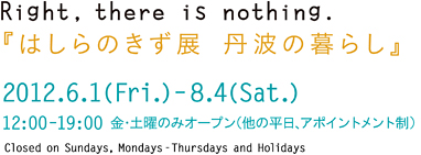 2012年6月1日（金）〜8月4日（土）12:00〜19:00 金・土のみオープン（他の平日、アポイントメント制）