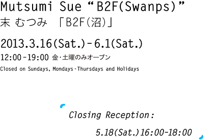 2013年3月16日（土）〜6月1日（土）12:00〜19:00 金・土曜のみオープン クロージングレセプション：5月18日（土）16:00〜18:00