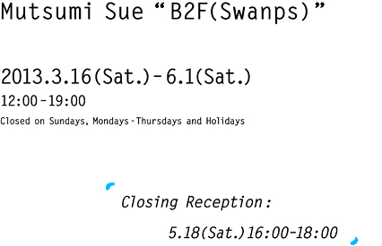 2013.3.16(Sat.)–6.1(Sat.)12:00–19:00 Closed on Sundays-Thursdays and Holidays Closing Reception:5.18(Sat.)16:00–18:00