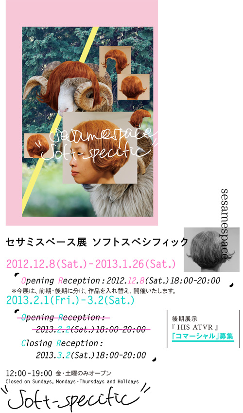 セサミスペース展「ソフトスペシフィック」前期／2012年12月8日（土）〜2013年1月26日（土）12:00〜19:00 金・土曜のみオープン オープニングレセプション：2012年12月8日（土）18:00〜20:00 後期／2013年2月1日（金）〜3月2日（土）クロージングレセプション：2013年3月2日（土）18:00〜20:00 ＊今展は、前期・後期に分け、作品を入れ替え、開催いたします。