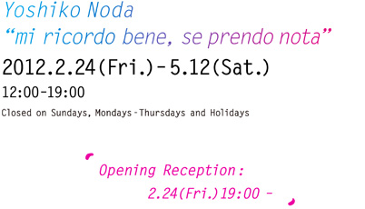 2012.2.24(Fri.)–5.12(Sat.)12:00–19:00 Closed on Sundays, Mondays-Thursdays and Holidays Opening Reception:2.24(Fri.)19:00–